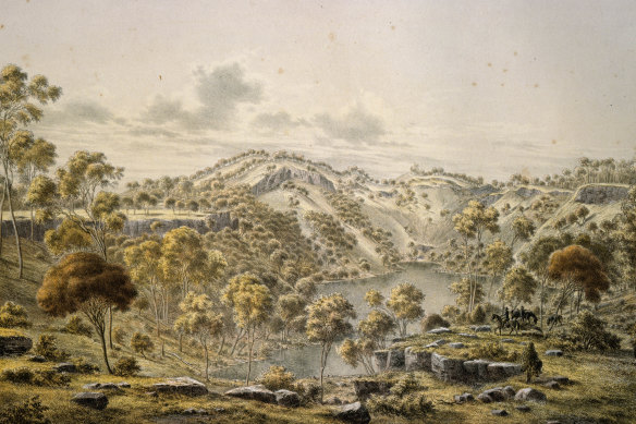 The crater of the dormant volcano Budj Bim (until recently Mount Eccles), in south-west Victoria, as depicted by Austrian-born painter Eugene von Guerard in 1865. 