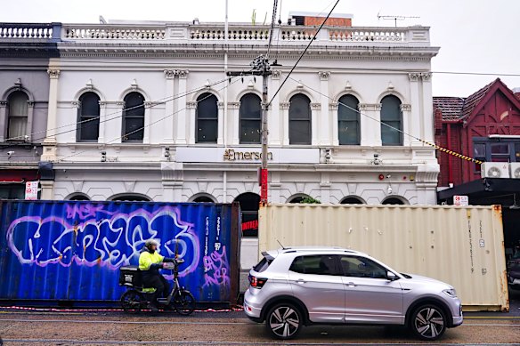 Shipping containers outside South Yarra venue The Emerson in May.
