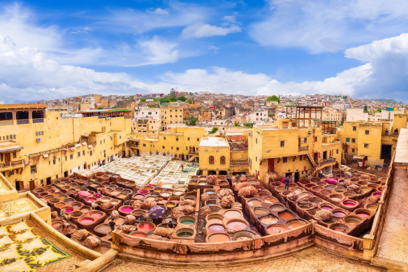 Looking down at the tannery in the Fes medina.