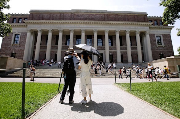 The Widener Library on the campus of Harvard University in Cambridge, Massachusetts. 