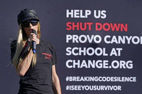 Paris Hilton leads a 2020 protest calling for the closure of Provo Canyon School in Utah, where she has testified she was abused as a student.
