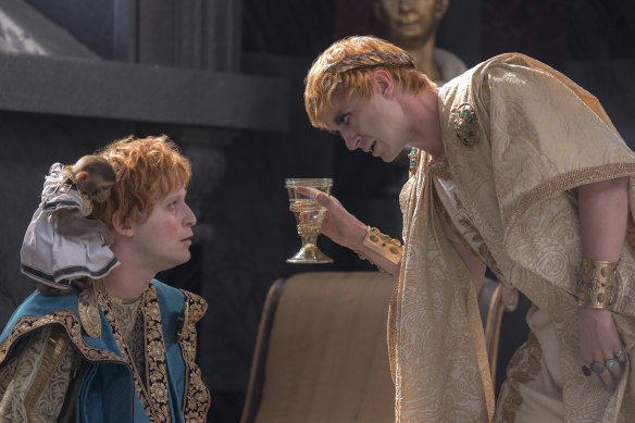 Fred Hechinger (left) as Emperor Caracalla and Joseph Quinn as Emperor Geta in <i>Gladiator II</i>.