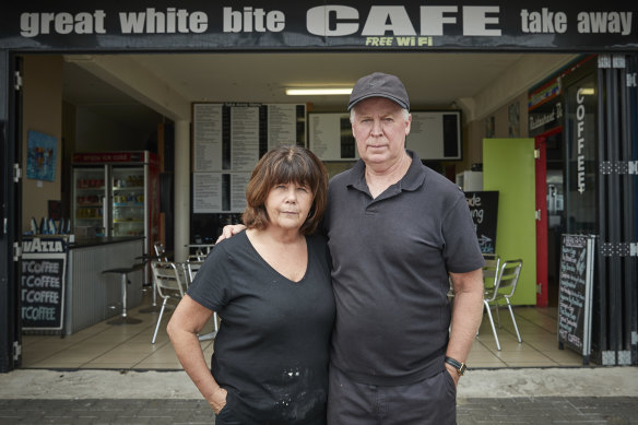 May and Geoff McCabe, owners of Great White Bite Cafe on Eden Wharf, on Wednesday.