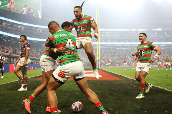 The Rabbitohs celebrate a try in Las Vegas in 2024.