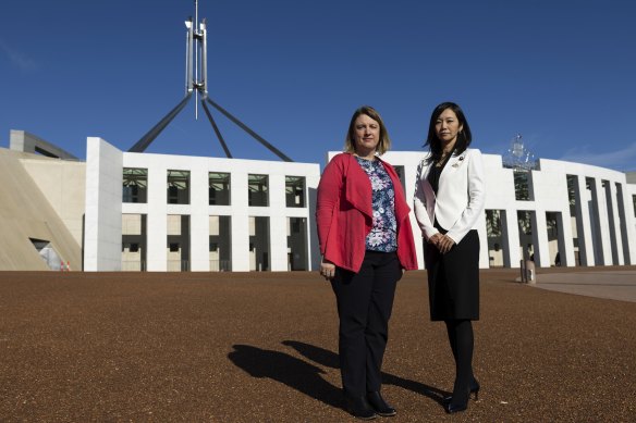 Catherine Henderson and Japanese upper house Councillor Mizuho Umemura in front of Parliament House last week. 