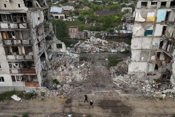 Destroyed apartment buildings in the city of Izyum retaken by Ukrainian forces.