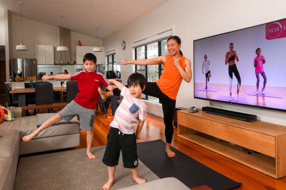 Melbourne-based Lina Adams fits in a daily 10-minute fitness break with her sons Finn and Jude.