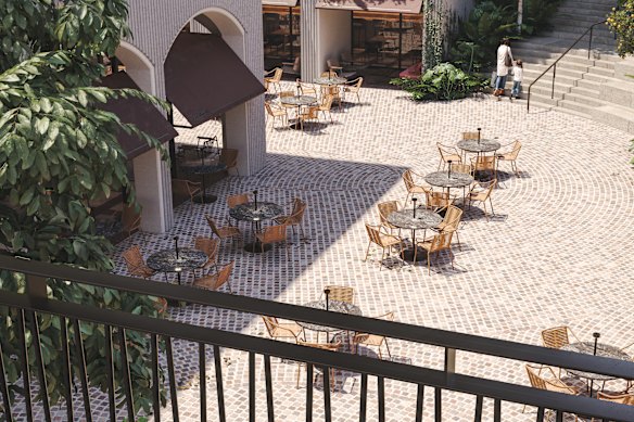 Artist's impression of a cobblestone restaurant and shopping mall inspired by Italian streetscapes. 