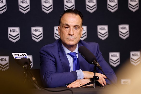 ARLC chairman Peter V’landys at Monday’s press conference.