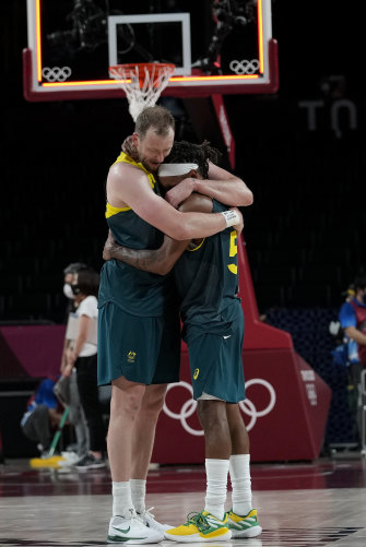 Mills and Joe Ingles after winning the menâ€™s basketball bronze medal.