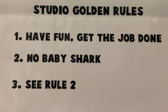 The pertinent rules of The Woden School recording studio where the students' smash-hit song was made. No Baby Shark was included.