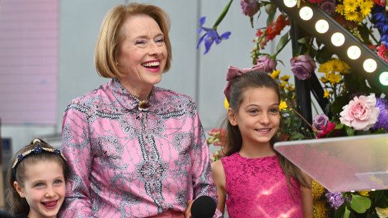 Trainer Gai Waterhousewith with her granddaughters during the Melbourne Cup Cavalcade and Press Conference.