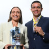 Kyah Simon of the Matildas poses with the Don Award, and Socceroos great Tim Cahill poses with his medal after being inducted into the Sport Australia Hall of Fame at a ceremony at the MCG on Friday.