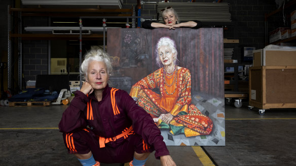 Artist Robyn Ross (Right) with sitter Sarah Jane Adams and her Archibald entry.