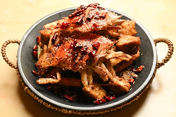 Wok-fried fragrant chilli blue swimmer crab.