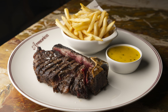 Bone-in black Angus Riverine tenderloin with frites.