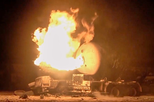In this photo taken from video released by Al Masirah TV channel shows a burning oil tanker after US airstrikes targeted the Ras Isa oil port held by Yemen’s Houthi rebels in Hodeida, Yemen.