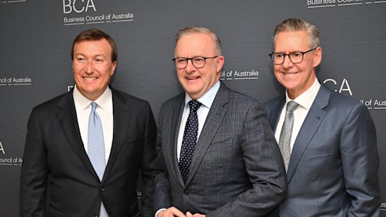Prime Minister Anthony Albanese with Business Council of Australia chief executive Bran Black (left) and president Geoff Culbert on Tuesday night.