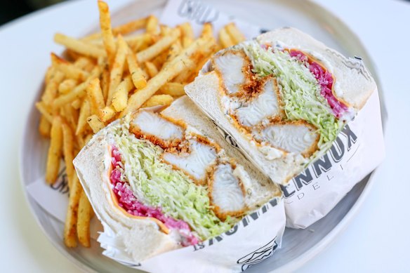 Lennox St Deli’s fish sanga is so supersized you could easily share it between two.