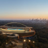 Render of the proposed Brisbane 2032 Olympic and Paralympic Aquatic Centre at Mount Coot-tha, designed by Richard Groves and Bates Smart architects. 