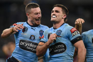 Nathan Cleary celebrates a second-half try as NSW streak away.