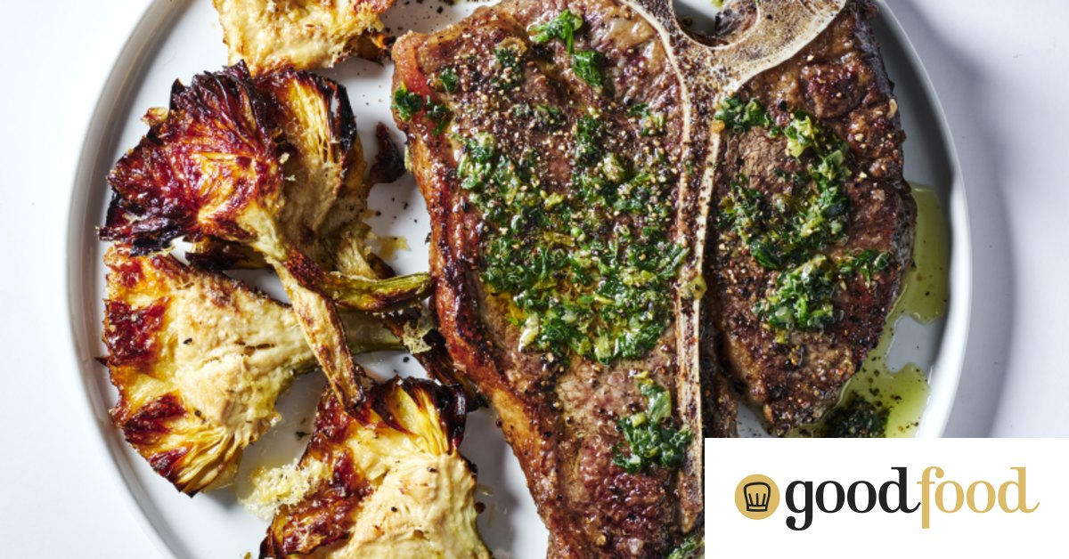 T-bone steak recipe with artichoke chips and salse verde