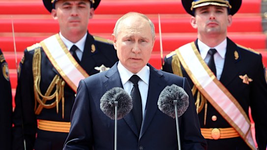 Russian President Vladimir Putin addresses members of Russian military units, the National Guard and security services to pay honour to armed forces, that upheld order during recent mutiny, in Cathedral Square at the Kremlin in Moscow, Russia.