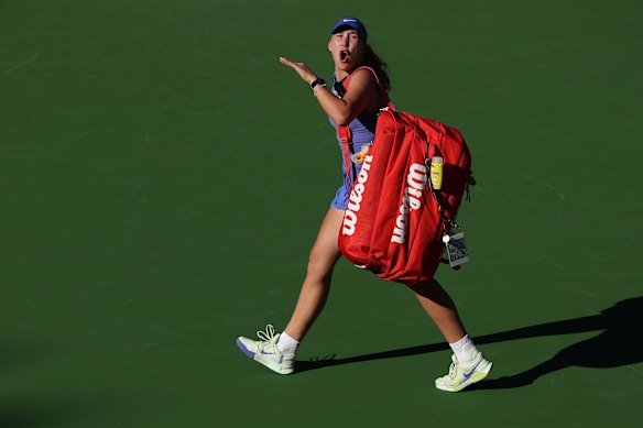 Mirra Andreeva reacts to the crowd who booed her as she walked off court after her three set defeat by Katerina Siniakova of Czechia in their third round match of the BNP Paribas Open at Indian Wells Tennis Garden on March 09, 2026 in Indian Wells, California. 