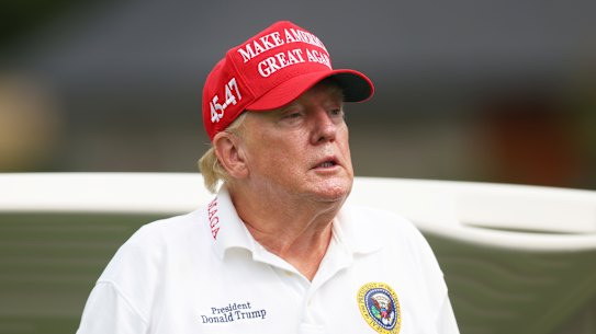 Donald Trump looks on during the pro-am prior to the LIV Golf Invitational - Bedminster at Trump National Golf Club.