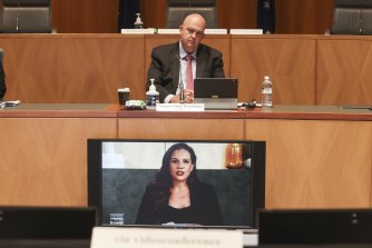 Senator Slade Brockman listening to Google boss Melanie Silva at a Senate hearing in January this year. 