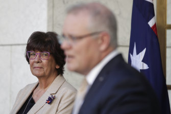Pat Turner, lead convener of Indigenous body the Coalition of Peaks, alongside Prime Minister Scott Morrison in July last year.