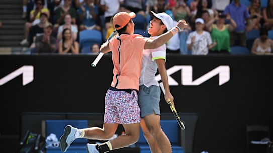 Australian Open day 10. Men’s Doubles Quarterfinals- Rinky Hijikata ( orange cap ) and Jason Kubler ( white cap ) on day 10 of the Australian open. 2023. 25 January 2023. The Age Sport. Photo: Eddie Jim.