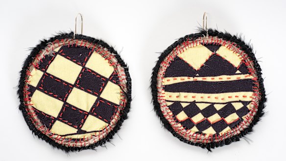 Lisa Waup x Verner, Tracing history earrings – tracing history print 2019-20. Printed cotton on canvas. Courtesy of Lisa Waup x Verner.
