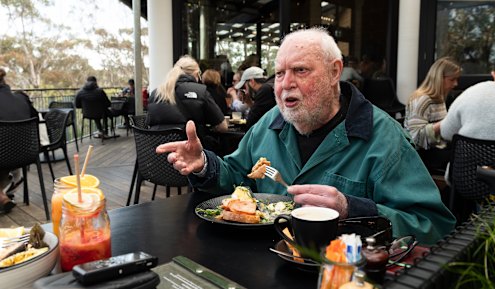 “There was a long time when I thought I’d go completely blind”: David Stratton at the Conservation Hut Cafe in Wentworth Falls.