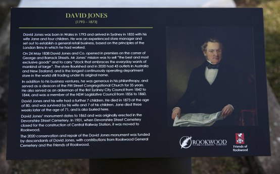 New information plaque at the memorial of department store founder David Jones in Rockwood Cemetery.