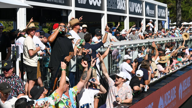 Fans cheer on LIV Golf’s party hole at Adelaide.