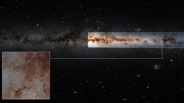 The new Milky Way dataset contains a staggering 3.32 billion celestial objects. Here, a low-resolution image of the data, right, is overlaid on an image showing the full sky. The box, left, is a full-resolution view of a small portion of the data. 