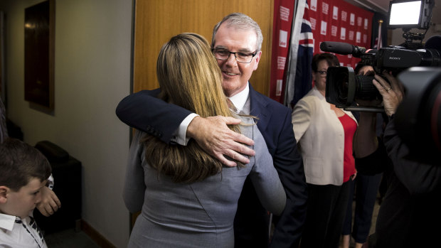 Michael Daley hugs his wife Christina after the NSW Labor Party leadership ballot.