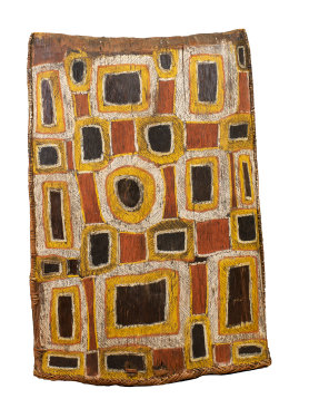 Tunga, Totem places of the woolly butt 1954, earth pigments on Stringybark. South Australian Museum, Adelaide, collected by Charles P. Mountford, 27 July 1954.
