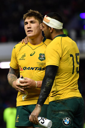 Full circle: Kurtley Beale consoles Sean McMahon after the Wallabies lost to Scotland in 2017. It was McMahon’s last appearance.