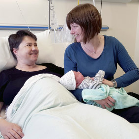 Scottish Conservatives leader Ruth Davidson and her partner Jen Wilson are seen in Edinburgh Royal Infirmary after Davidson gave birth to a baby boy in 2018. 