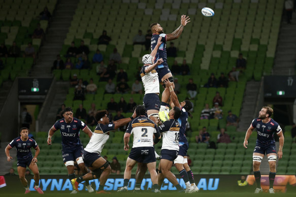 Rebels lock Lukhan Salakaia-Loto leaps in a lineout.