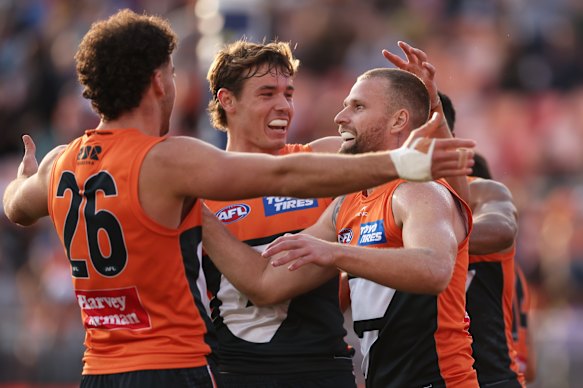 Jake Stringer celebrates a goal for the Giants against the Suns on Sunday.
