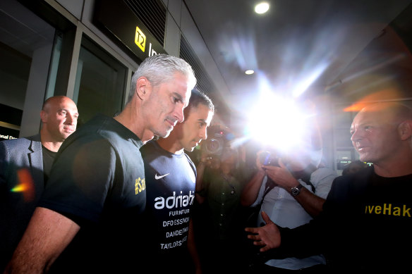 Craig Foster and Hakeem al-Araibi at Melbourne Airport following Hakeem’s release jail in Thailand.