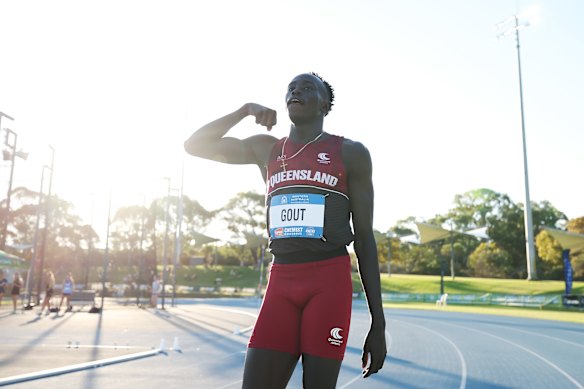 Gout Gout enjoys his victory in the heats.