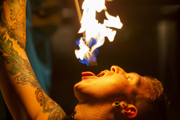A fire eater entertains revellers during Auckland's new year celebrations.