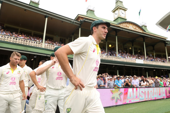 Pat Cummins leads his team onto the SCG in January. South Australia continues to aggressive chase the New Year’s Test. 