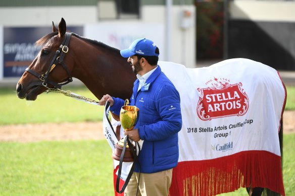 Last year's winner Best Solution, with trainer Saeed Bin Suroor holding the Caulfield Cup.