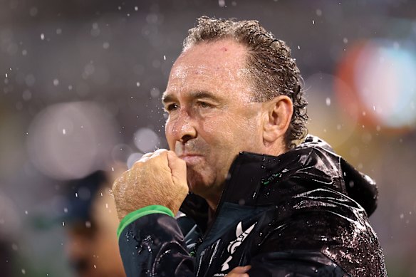 Raiders coach Ricky Stuart looks on.