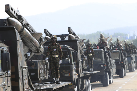 The Myanmar military commemorates Armed Forces Day in the capital Naypyitaw on March 27. Russia is the junta’s biggest arms supplier.